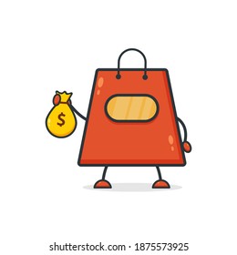 Cute shopping bag. Illustration vector graphic shop bag cartoon character holding sacks of money. Perfect for Ecommerce, Symbol of promotion sale, store web element. 