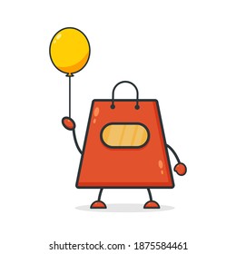 Cute shopping bag. Illustration vector graphic shop bag cartoon character holding balloon. Perfect for Ecommerce, Symbol of promotion sale, store web element.