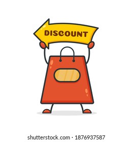 Cute shopping bag. Illustration vector graphic shop bag cartoon character  holding discount banner. Perfect for Ecommerce, Symbol of promotion sale, store web element. 