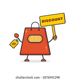 Cute shopping bag. Illustration vector graphic shop bag cartoon character with price tag and  holding discount banner. Perfect for Ecommerce, Symbol of promotion sale, store web element. 

