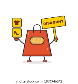 Cute shopping bag. Illustration vector graphic shop bag cartoon character with clothing and shoes icon and  holding discount banner. Perfect for Ecommerce, Symbol of promotion sale, store web element.