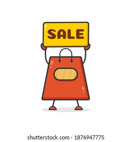 Bolsa de compras. Ilustración vectorial gráfico tienda bolsa caricatura personaje sosteniendo banner de venta. Perfecto para Ecommerce, Símbolo de promoción de venta, elemento web de tienda. 