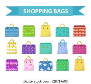 Cute shopping bag set. Colorful shopping bags with different pattern collection. Flat style. Paper bags isolated on a white background. Gift package. Vector Illustration