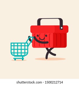 Cute shopping basket with trolley vector cartoon character isolated on background.