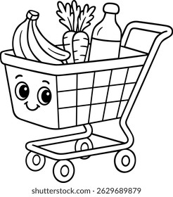 Cute Shopping Cart with Groceries Vector for Coloring, Smiling Supermarket Object Illustration for Kids Activities