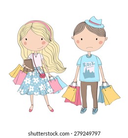 Cute shopping  girl and cute bored boy with shopping bags.
Funny characters.