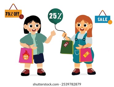 bonitos desenhos animados menina de compras ilustração linda menina apreciando vendas de compras sexta-feira preta