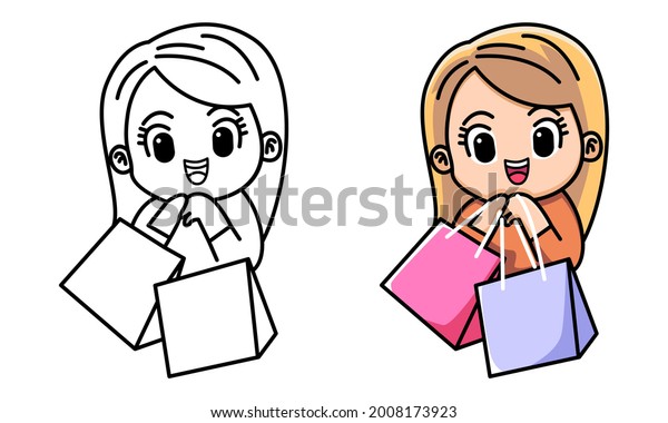 Cute Shopping Girl Coloring Page Kids Stock Vector (royalty Free 