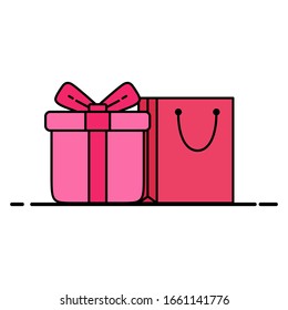 cute shopping icons with gift box and shopping bag illustration