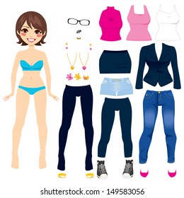 Cute short hair brunette paper doll game women clothing set collection