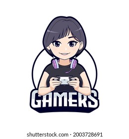 Cute short hair gamer girl cartoon character mascot logo