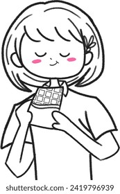 Cute short hair girl eating chocolate in valentine days with monochrome and hand draw style vector