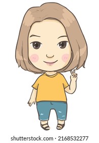 cute short hair woman wearing a yellow shirt with jeans