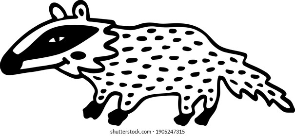 Cute short legged badger is standing and smiling. Hand-drawn black and white doodle with forest animal. Picture in  cartoon style for children. Vector illustration. Clipart in theme wildlife.
