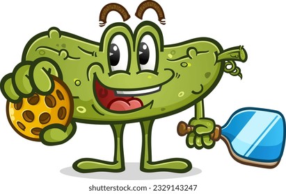 Cute short pickle cartoon character holding a pickleball in his hand and a paddle in the other hand happily waiting his turn to play a rousing game of pickle ball on the court vector cartoon clip art