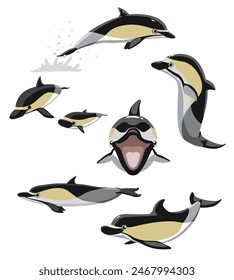 Cute Short-Beaked Common Dolphin Poses Set Cartoon Vector