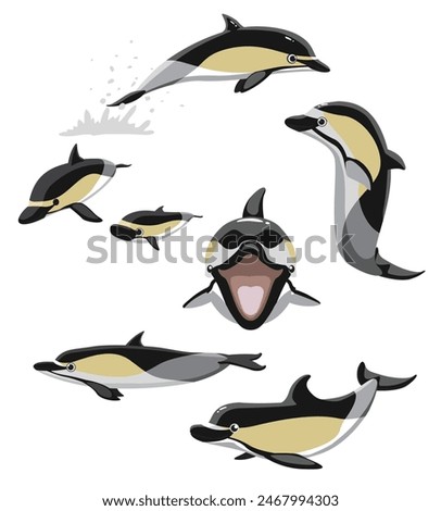 Cute Short-Beaked Common Dolphin Poses Set Cartoon Vector