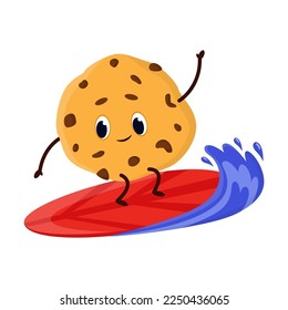 Cute shortbread cookies with chocolate chips food character on surfboard cartoon illustration. Funny surfer, enjoying outdoor activity. Summer, extreme water sport concept