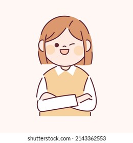 Cute short-haired girl is winking with her arms crossed. flat design style vector illustration.