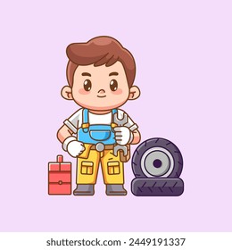 Cute show thumbs mechanic confident with tool at workshop kawaii chibi character mascot illustration outline style design set