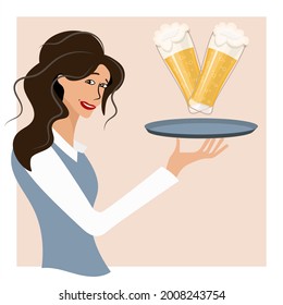 Cute showy girl holding a subnoss with 2 glasses of beer. The waitress serves the beer with a playful smile. Oktoberfest day. Vector for advertising, menus of restaurants, bars. Cartoon style.