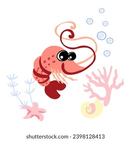 Cute shrimp with bubbles, starfish and clam, coral underwater. Marine life character vector illustration