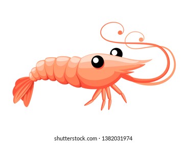 Cute shrimp. Cartoon animal character design. Swimming crustaceans. Flat vector illustration isolated on white background.