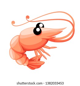 Cute shrimp. Cartoon animal character design. Swimming crustaceans. Flat vector illustration isolated on white background.