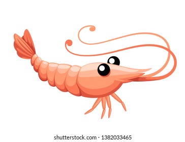 Cute shrimp. Cartoon animal character design. Swimming crustaceans. Flat vector illustration isolated on white background.