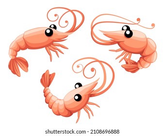 Cute shrimp. Cartoon animal character design. Swimming crustaceans. Flat vector illustration isolated on white background.