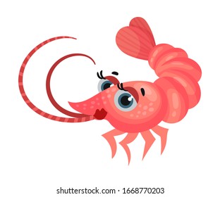 Cute Shrimp Cartoon Character with Big Eyes Vector Illustration