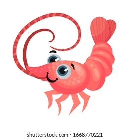 Cute Shrimp Cartoon Character with Big Eyes Vector Illustration