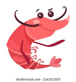 Cute shrimp cartoon illustration. Happy, frightened and surprised pink prawn character on white