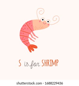 Cute shrimp cartoon smiling. Cartoon vector clipart eps 10 hand drawn illustration isolated on white background.