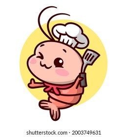 CUTE SHRIMP CHEF TIENE UN ESPACIO. CARICATURA DE ALTA CALIDAD MASCOT.