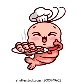 EL CHEF CUTE SHRIMP ESTÁ SONRIENDO Y SIRVE PLATOS DE COCINA SHRIMP. CARICATURA DE ALTA CALIDAD MASCOT.