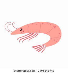 Cute shrimp for children background. Under the sea, prawn water animal character, ocean fauna. Flat vector design.