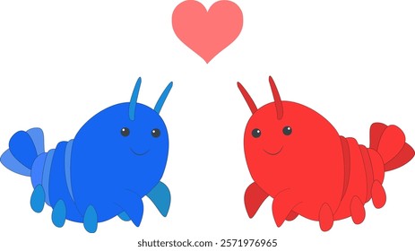 Cute shrimp couple with pink heart. Valentine's Day cartoon.