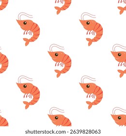 cute shrimp, fresh sea food in cartoon style, flat vector seamless pattern