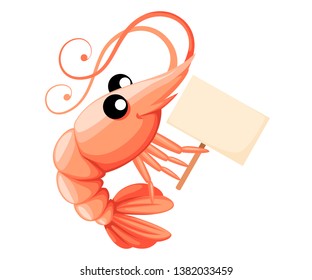 Cute shrimp holding sign. Cartoon animal character design. Swimming crustaceans. Flat vector illustration isolated on white background.