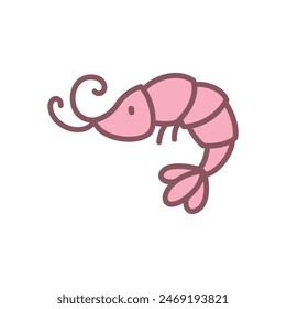 Nettes Shrimp-Symbol. Handgezeichnete Illustration eines roten Garnelen oder einer Garnele isoliert auf einem weißen Hintergrund. Kawaii-Aufkleber. Vektorgrafik 10 EPS.