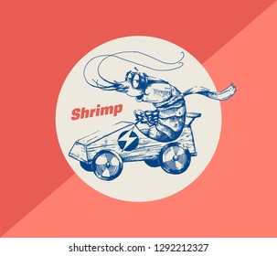 A cute shrimp is riding an electric go cart vector illustration. Hand drawn racer crab wearing goggles and scarf racing with fast car. Line art design for posters and cool stickers. Love the speed.