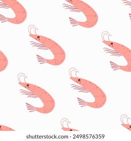 Cute shrimp seamless pattern, children background. Under the sea, water animal character, ocean fauna. Flat vector design.	