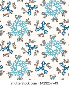 Cute shrimp and seaweed cartoon seamless vector pattern. Hand drawn crustacean shellfish tile. All over print for ocean blog, nautical graphic, sea life home decor.