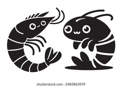 Cute Shrimp silhouette vector illustration with white background.