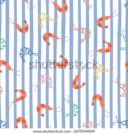Cute shrimp striped seamless pattern. Hand drawn seafood repeat background, wallpaper. Mediterranean summer coastal print, party menu, textile design, fabric. Cute sea market banner design in vector