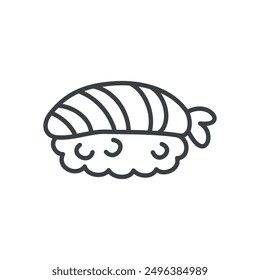 Cute shrimp sushi icon. Hand drawn monochrome illustration of an ebi maki isolated on a white background. Kawaii sticker. Vector 10 EPS.