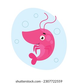 Cute shrimp swims in the water. Sea life. Vector graphic.