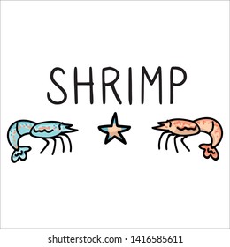 Cute shrimp typography cartoon vector illustration motif set. Hand drawn isolated seafood prawn elements. Clipart for ocean text blog, wildlife graphic, starfish web buttons. 