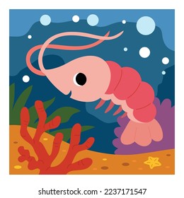 Cute shrimp and undersea background. Cartoon vector illustration for children